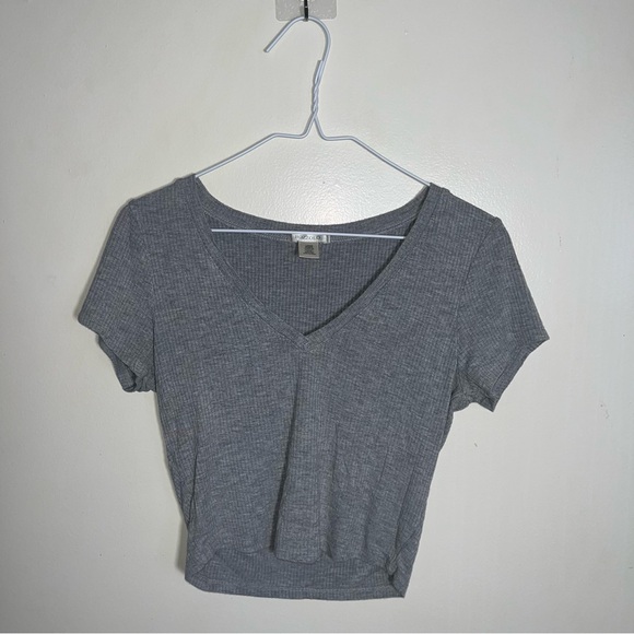 Bozzolo Tops - FINAL SALE Bozzolo Gray Cropped V-Neck Stretch Knit Short Sleeve T-Shirt